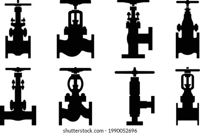 Set of industrial valves icons. Silhouette vector