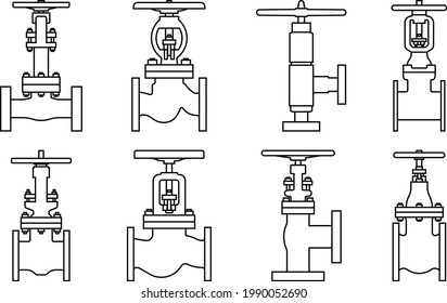 Set of industrial valves icons. Vector thin line
