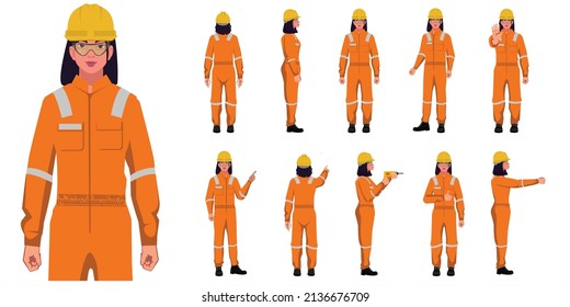 set of industrial women worker on orange uniform characters in white background svg