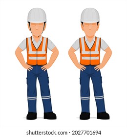 Set of industrial worker with arms akimbo on white background
