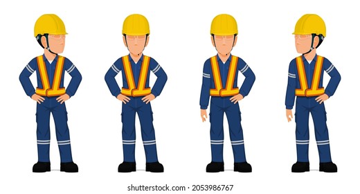 Set of industrial worker with arms akimbo on white background