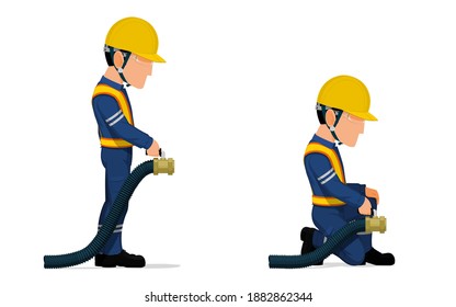 Set of industrial worker with big hose on white background