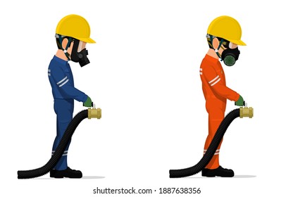 Set Of Industrial Worker With Big Hose On White Background