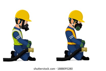 Set of industrial worker with big hose on white background