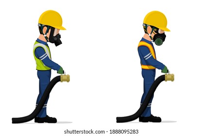Set of industrial worker with big hose on white background