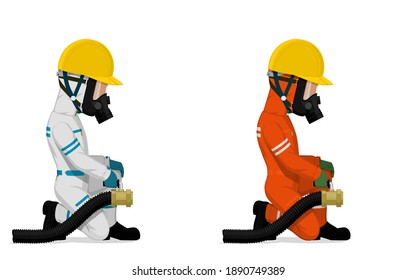 Set of industrial worker with big hose on white background