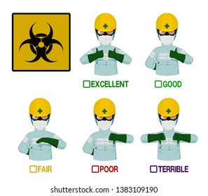 Set of industrial worker with Biohazard protective suit is presenting satisfaction level
