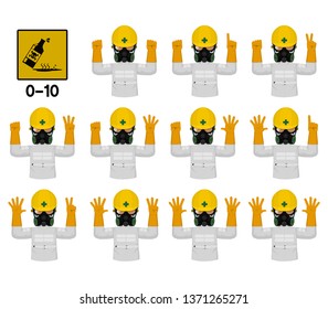 Set of industrial worker with Chemical Hazard protective suit is gesturing hand sign (0-10)