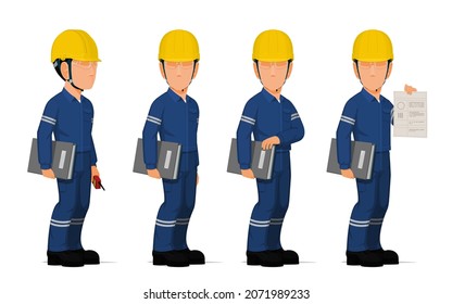 Set of industrial worker with the document file on white background