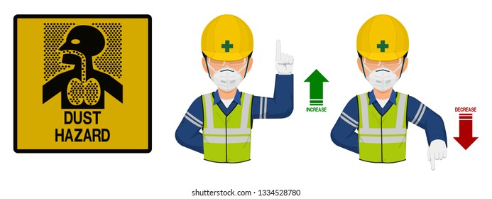 Set of industrial worker with dust mask is gesturing hand sign ( increase,decrease)