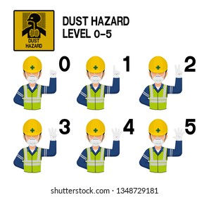 Set of industrial worker with dust mask is gesturing hand sign (0-5)