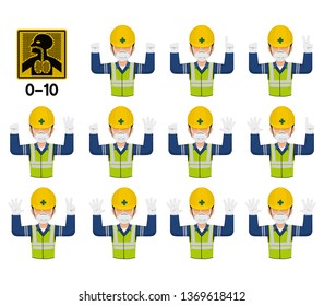 Set of industrial worker with dust mask is gesturing hand sign (0-10)