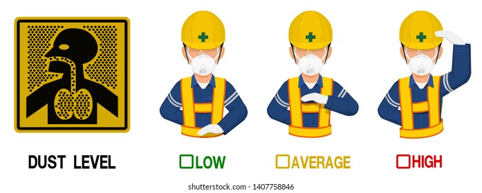 Set of industrial worker with dust mask is gesturing hand sign ( Low,Average,High) 

