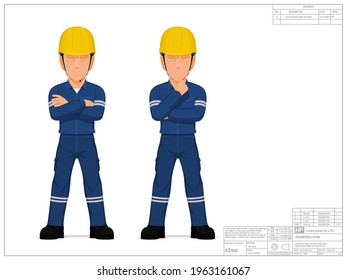 Set of industrial worker with folded arm on white background