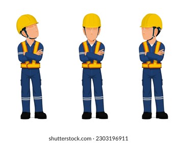 set of industrial worker with folded arms on white background
