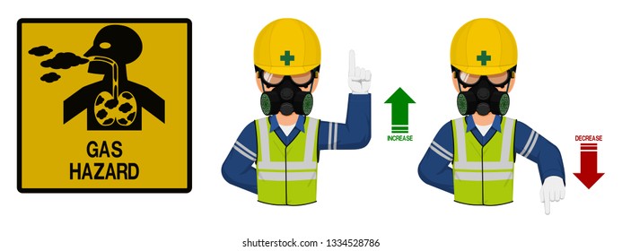 Set of industrial worker with gas mask is gesturing hand sign ( increase,decrease)