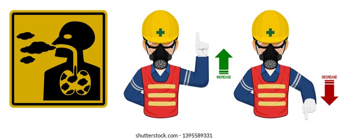 Set of industrial worker with gas mask is gesturing hand sign ( increase,decrease)