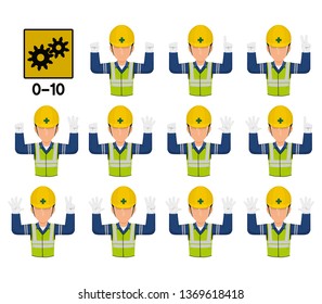 Set of industrial worker is gesturing hand sign (0-10)