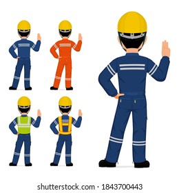 Set of industrial worker gesturing swear on white background