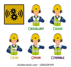Set of industrial worker with hearing protection equipment mask is presenting satisfaction level