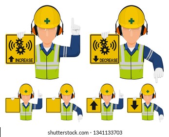 Set of industrial worker with hearing protective equipment is gesturing hand sign ( increase,decrease)