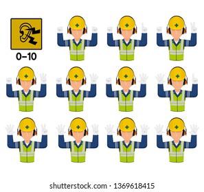 Set of industrial worker with hearing protective equipment is gesturing hand sign (0-10)