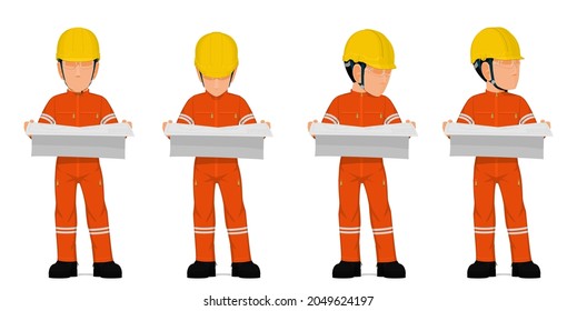 Set of industrial worker hold the engineering drawing on white background