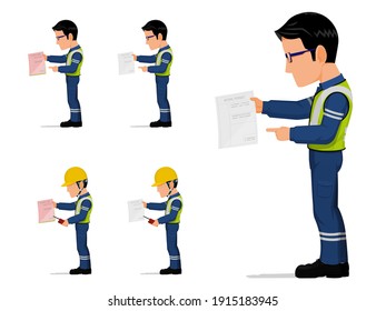set of an industrial worker is holding some document