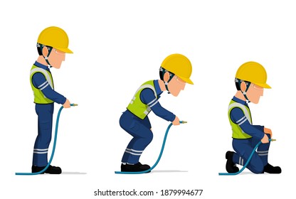 Set of industrial worker with hose on white background