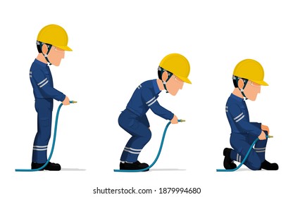 Set of industrial worker with hose on white background