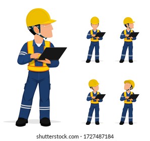 Set of industrial worker with laptop on white background
