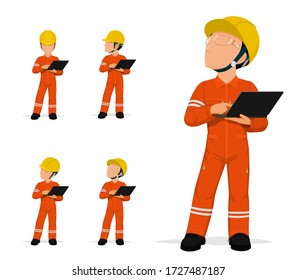 Set of industrial worker with laptop on white background
