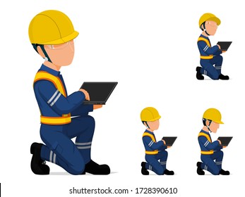 Set of industrial worker with laptop on white background
