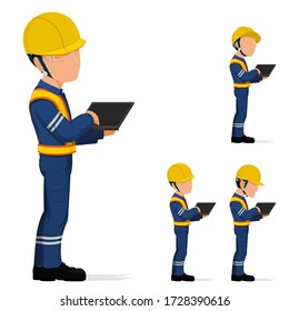 Set of industrial worker with laptop on white background
