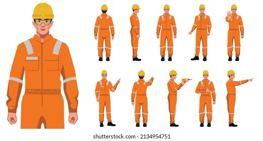 set of industrial worker on orange uniform characters in white background