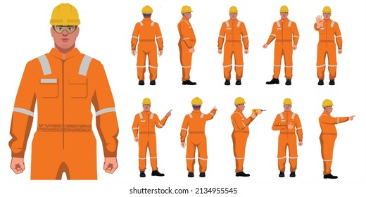 set of industrial worker on orange uniform characters in white background