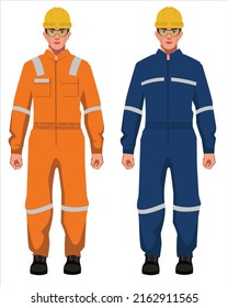 conjunto de trabajadores industriales con personajes de color naranja y azul con fondo blanco