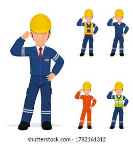 Set of industrial worker is pointing to his head
