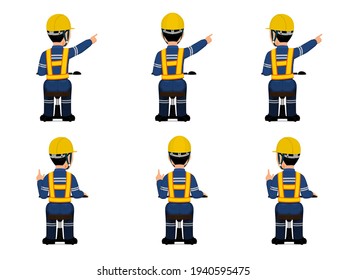 set of industrial worker is pointing to something