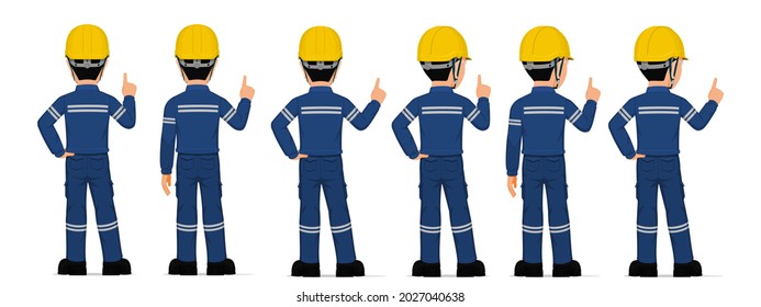 Set of industrial worker is pointing to something on white background