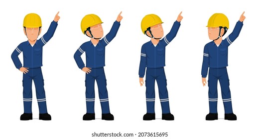 set of industrial worker is pointing to something over his head
