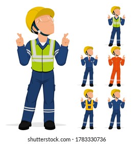 Set of industrial worker is presenting crossed finger hand sign
