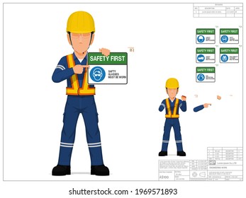 Set of industrial worker is presenting safety sign on white background