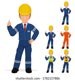 Set of industrial worker is presenting thumbs up
