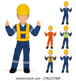 Set of industrial worker is presenting thumbs up
