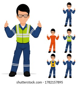 Set of industrial worker is presenting thumbs up
