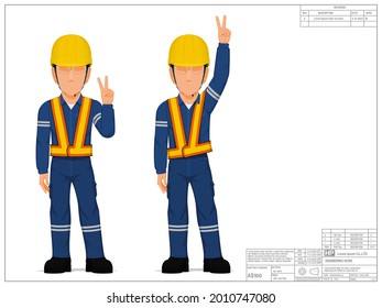 Set of industrial worker presenting victory hand sign on white background