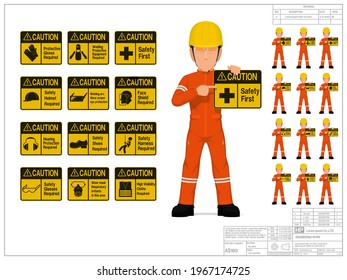 Set of industrial worker is presenting warning sign on white background