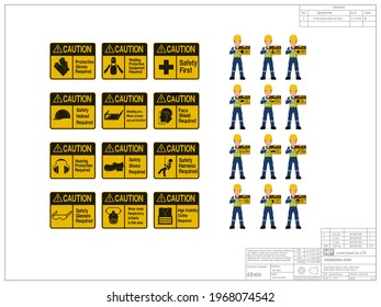 Set of industrial worker is presenting warning sign on white background