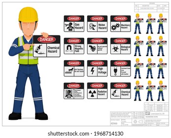 Set of industrial worker is presenting warning sign on white background